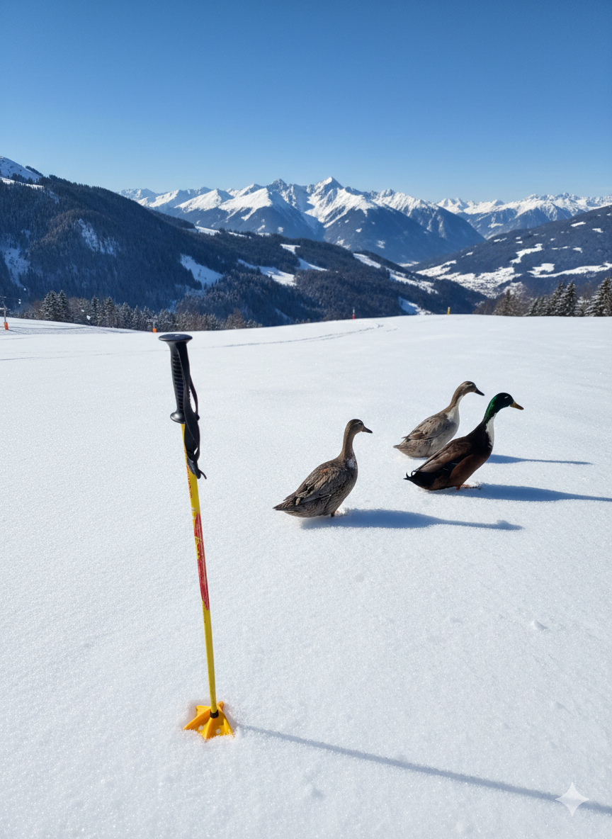 Lustiger Entenfuß-Skistockteller im Einsatz auf der Skipiste - Ki generiert